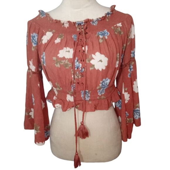 American Eagle Brown Floral Cropped Boho Peasant Blouse Size S - Picture 1 of 4